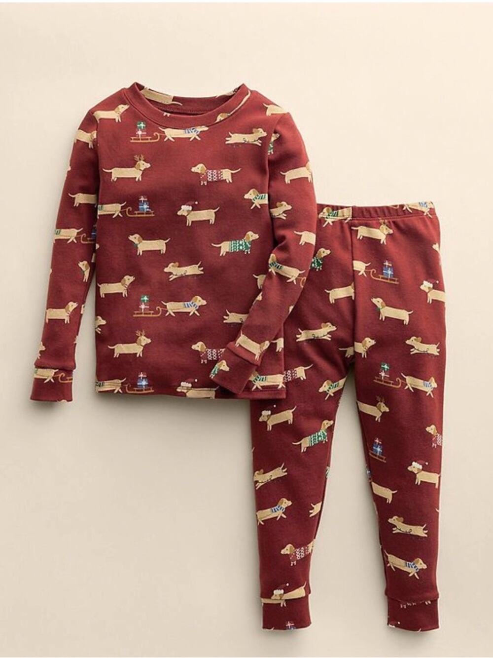 NEW Burgundy Dachshund Christmas Print Pajama Set  Long Sleeve & Pants SZ 12M